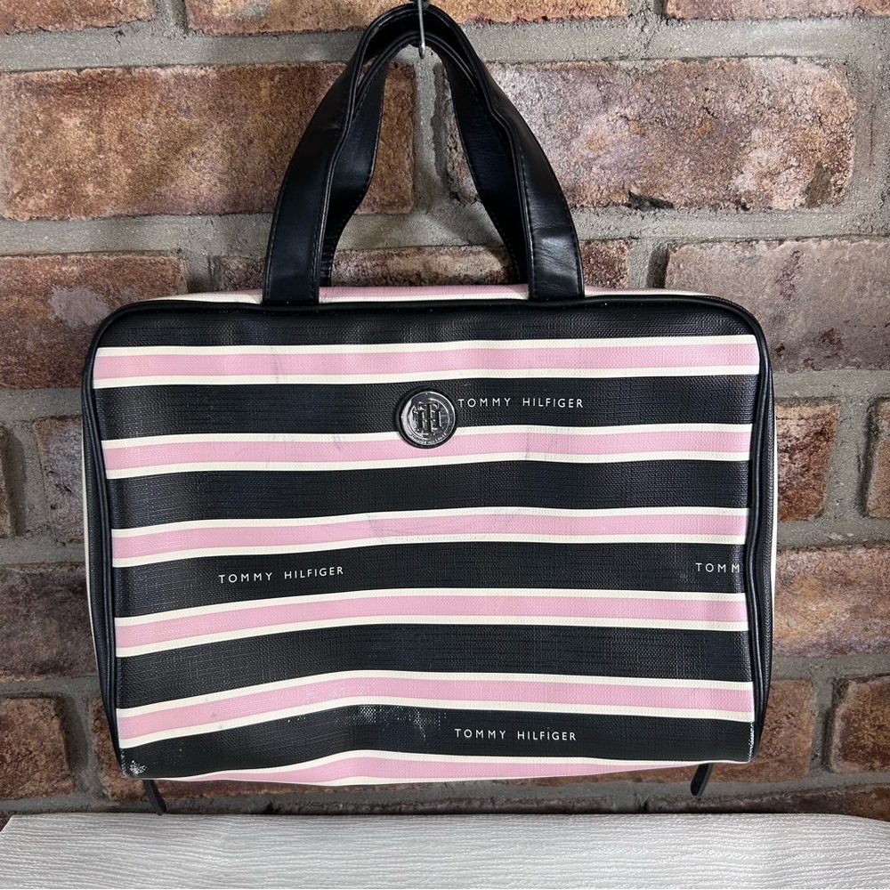 Tommy Hilfiger Pink, Black, White Striped Toiletry Travel Tote